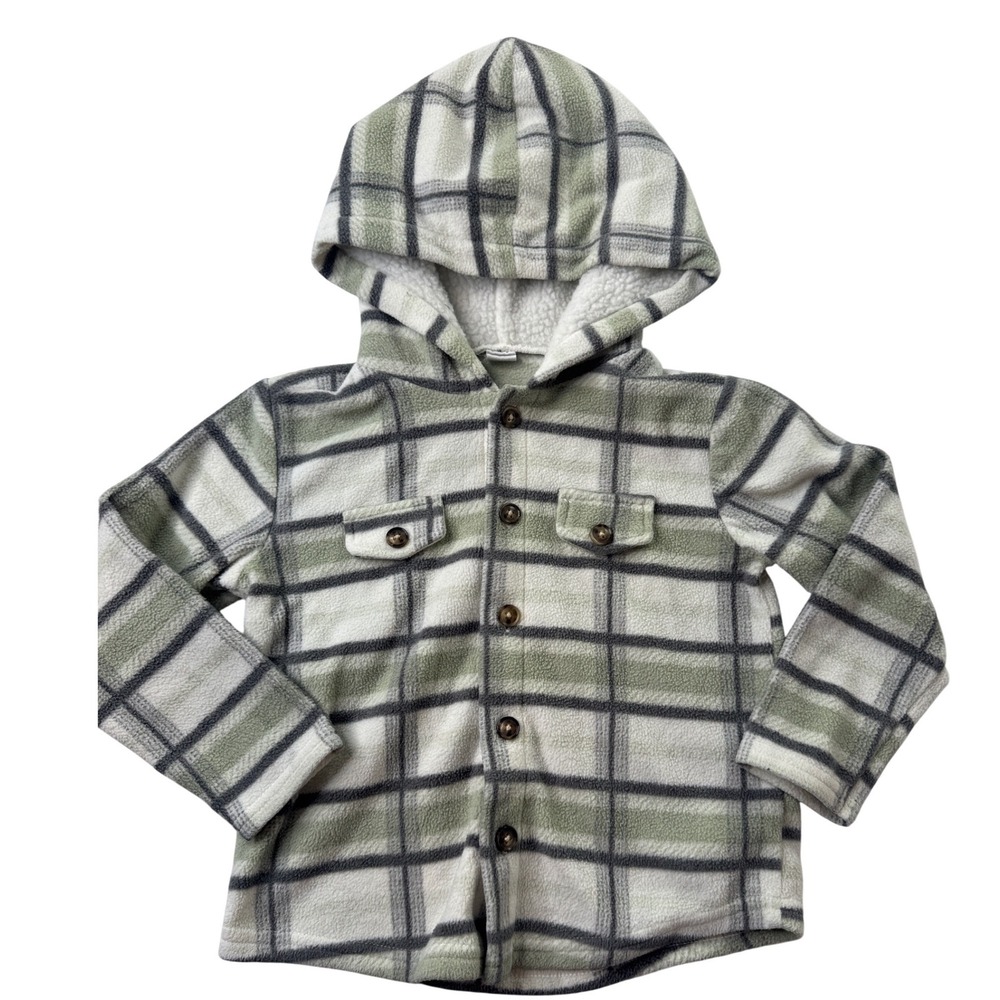 PL Kids Toddler Boys Green Plaid Fleece Hooded Shacket Shirt Jacket 3T camping